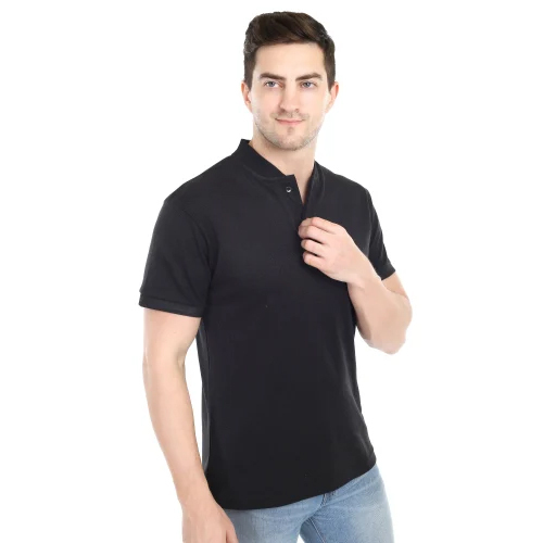 Mens Black Chinese Collar T Shirt