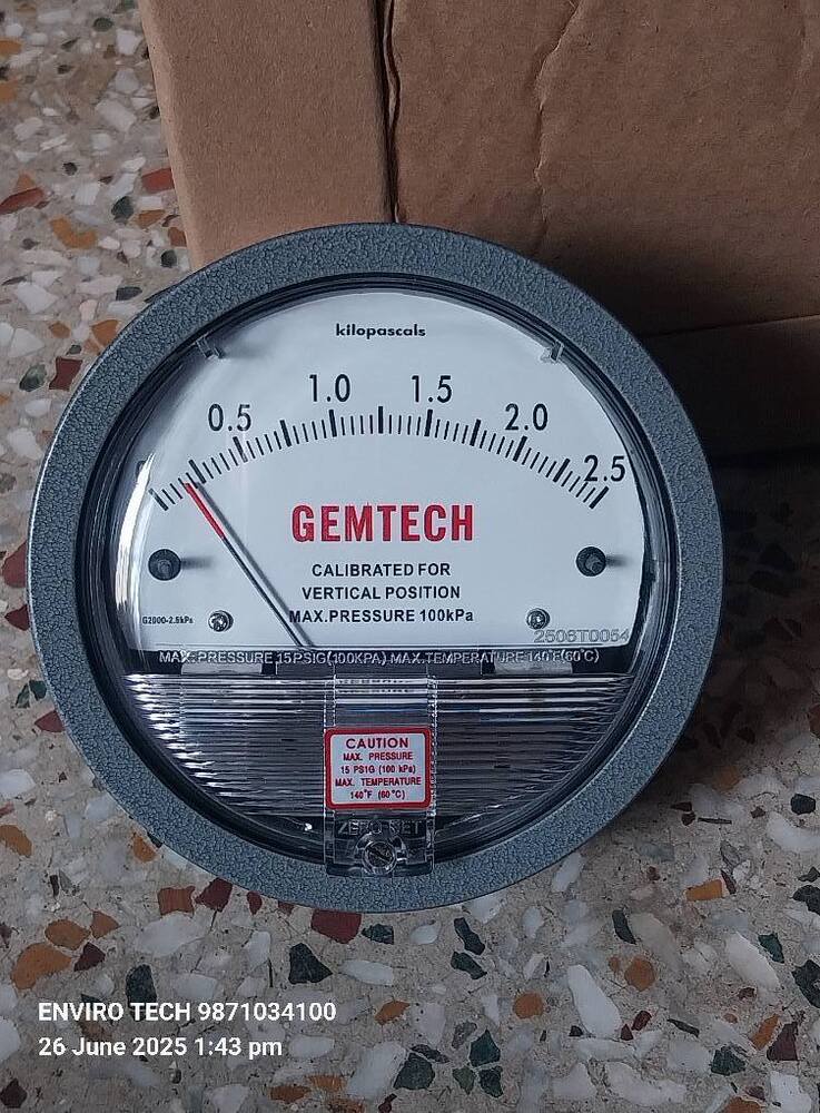 Gemtech Differential Pressure Gauge Range 0-2.5 Kpa