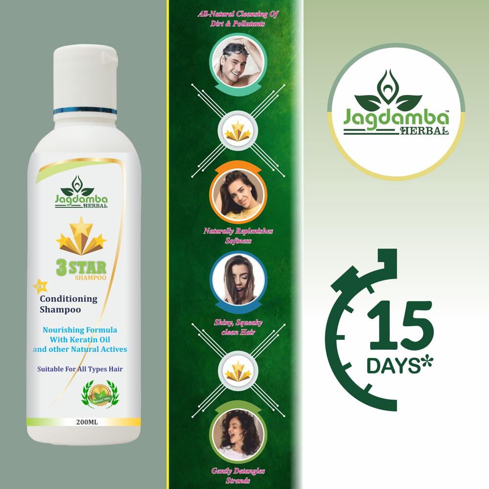 3 Star Shampoo (200ml) - Herbal Liquid Formula | Reduces Hair Fall, Smoothens Strands, Suitable For All Hair Types