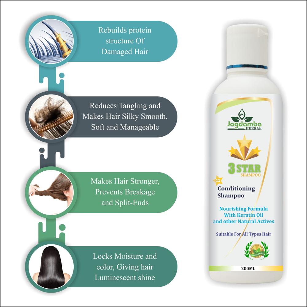 3 Star Shampoo (200ml) - Herbal Liquid Formula | Reduces Hair Fall, Smoothens Strands, Suitable For All Hair Types