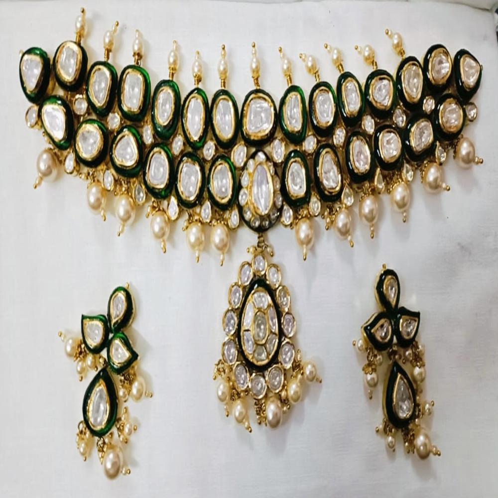 18kt Hallmarked Gold With Uncut Certified Natural Syndicate Polki Jadau Necklace Set - Color: Multicolor