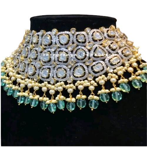Uncut Diamonds Polki with 14Kt Hallmarked Gold Choker Necklace Set
