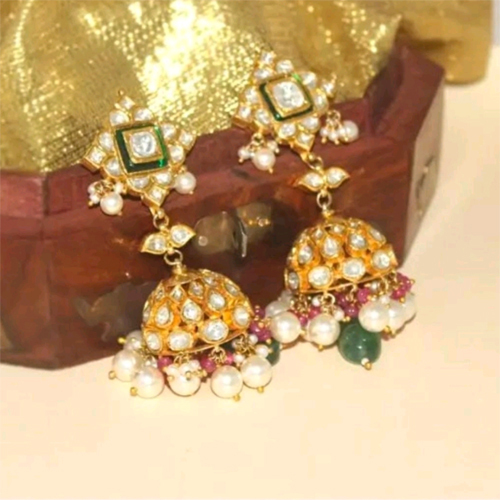 Kundan Polki Gold Jhumka - Color: Golden