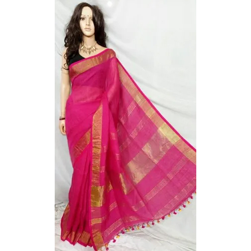 Zari Par Plane Linen Saree - Color: Pink