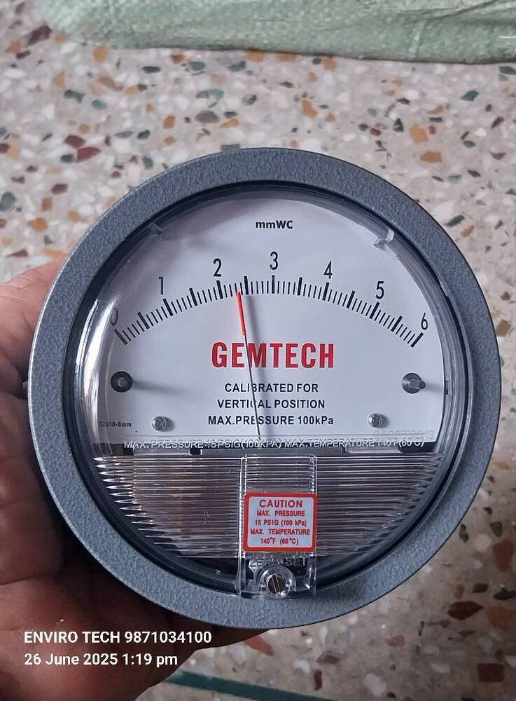 100 MM GEMTECH Differential Pressure Gauge Range 0 TO 6 MM WC