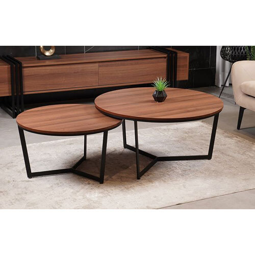 Nesting Table In Iron With Wooden Top And Matte Black Finish