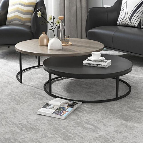 Nesting Table In Iron With Wooden Top And Matte Black Finish
