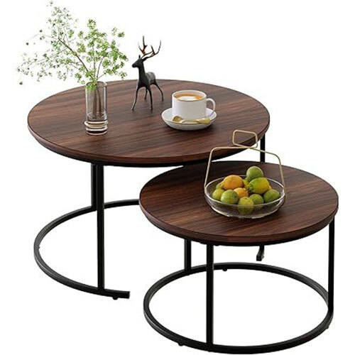 Nesting Table In Iron With Wooden Top And Matte Black Finish