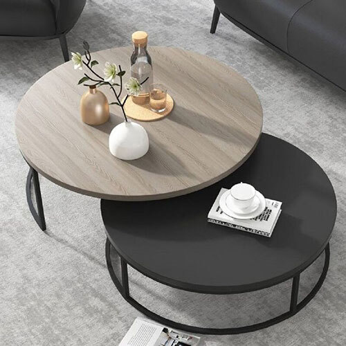 Nesting Table In Iron With Wooden Top And Matte Black Finish