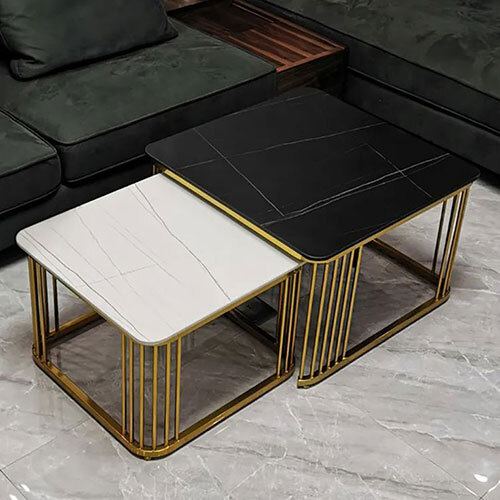 Nesting Table In Iron With White Marble Top And Golden Finish