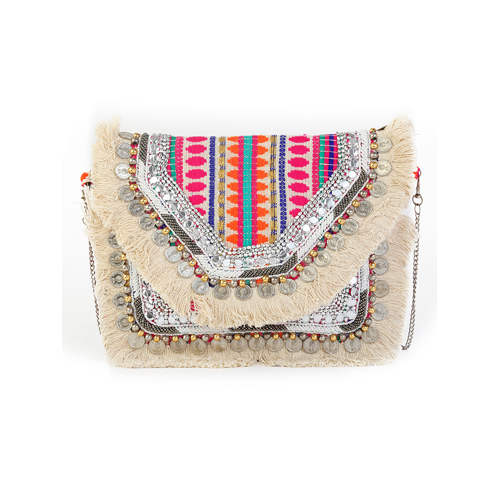 Off White And Pink Embroidered Boho Bag - Color: Multicolor