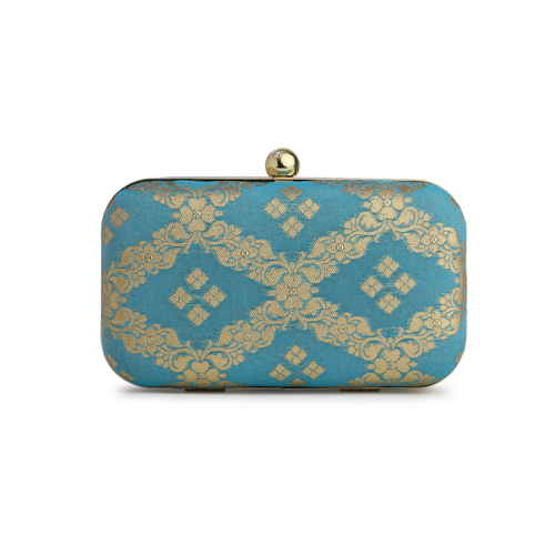 Sea Green And Gold Embroidered Box Clutch Bag