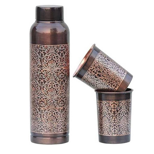 Metal Pure Copper Water Bottle With Glass Set - Features: High Quality