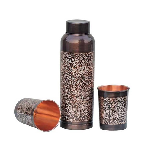 Metal Pure Copper Water Bottle With Glass Set