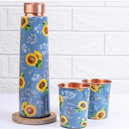 Flower Printed Copper Water Bottle - Features: High Quality