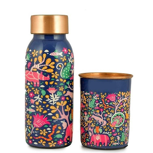 Flower Printed Pure Copper Water Bottle
