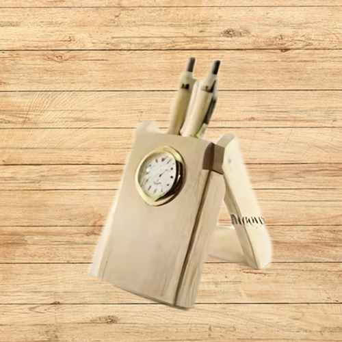 Wooden Pen Holder With Clock - Design Type: Modern