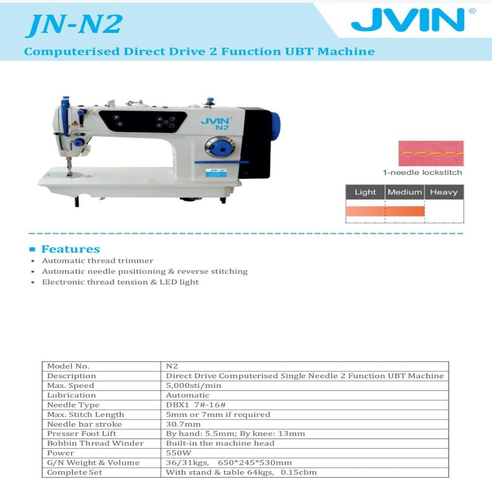 Jn-n2 Direct Drive Single Needle Lockstitch Sewing Machine With Auto Thread Trimmer Complete Set. - Color: White And Blue