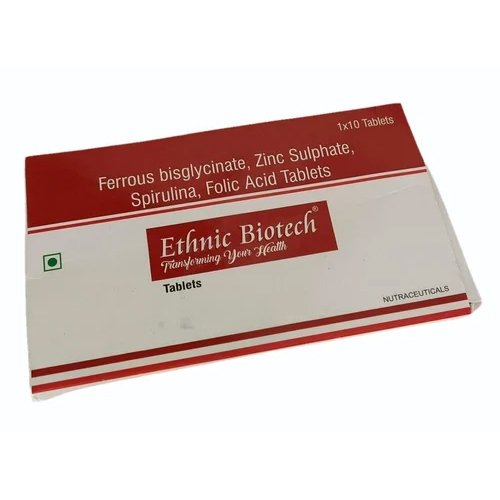 Ethnic Biotech Ferrous Bisglycinate Zinc Sulphaten Spirulina Folic Acid Tablets