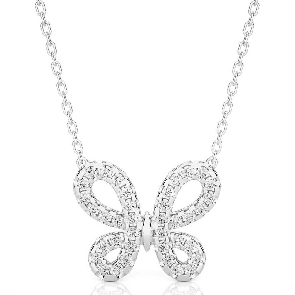 Round Cut Lab Grown Diamond Butterfly Pendant In 18k Solid Gold - Color: Colorless