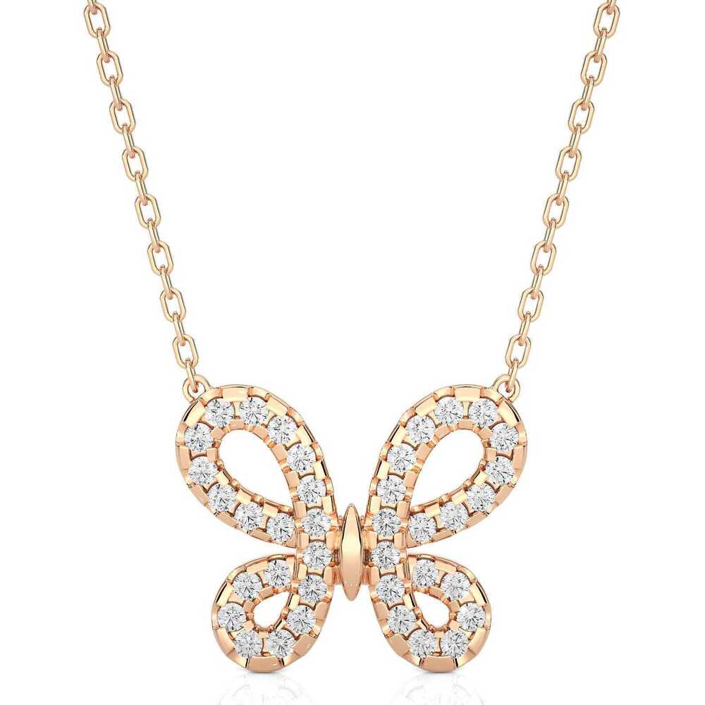 Round Cut Lab Grown Diamond Butterfly Pendant In 18k Solid Gold - Color: Colorless