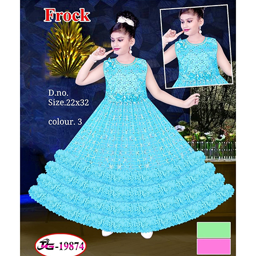 19874 22x32 Sky Blue Printed Baby Frock