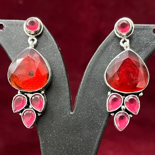 Red Pear Shape Brass Earrings