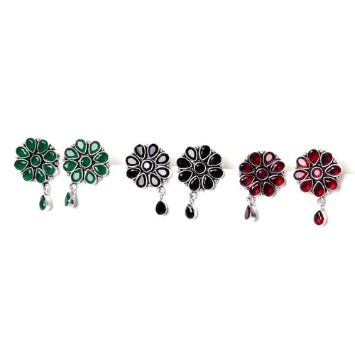 Green Onyx, Black Onyx, Garnet Gemstone Stud Earrings