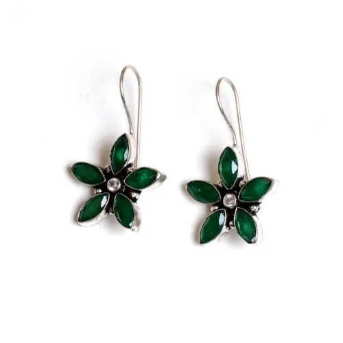 Green Quartz Gemstone Silver Plated Women Earrings - Material: Brass & Stone