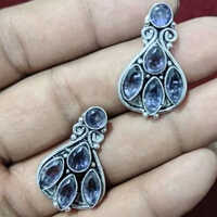Brass Amethyst Stud Earrings - Color: Blue