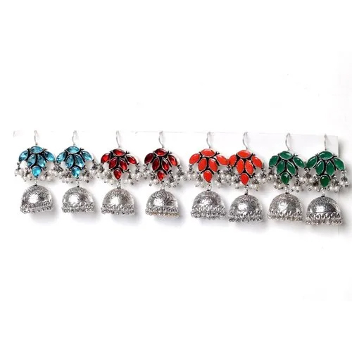 Blue Topaz, Coral, Green Onyx Gemstone Jhumka Earrings