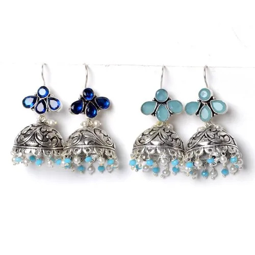 Sapphire, Chalcedony Gemstone Jhumka Earrings