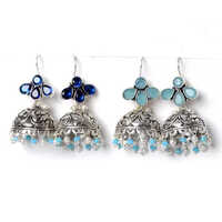 Sapphire, Chalcedony Gemstone Jhumka Earrings - Design: Traditional