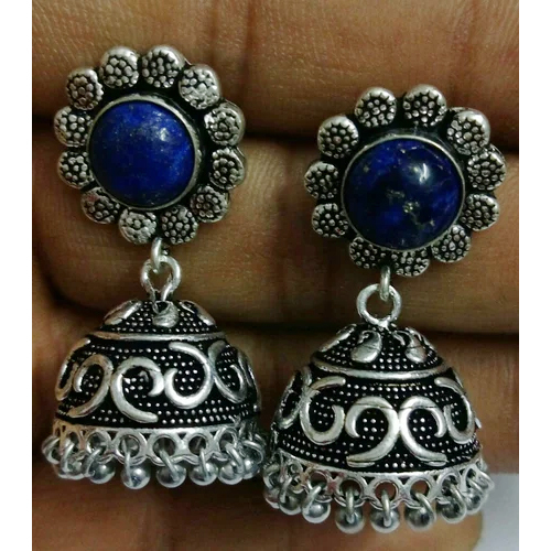 Antique Oxidized Lapis Stone Stud Jhumka