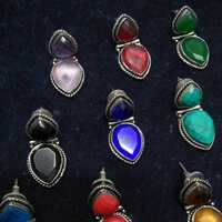 Double Gemstone Silver Plated Turquoise Coral Citrine Green Onyx Handmade Earrings - Color: Muti Colour