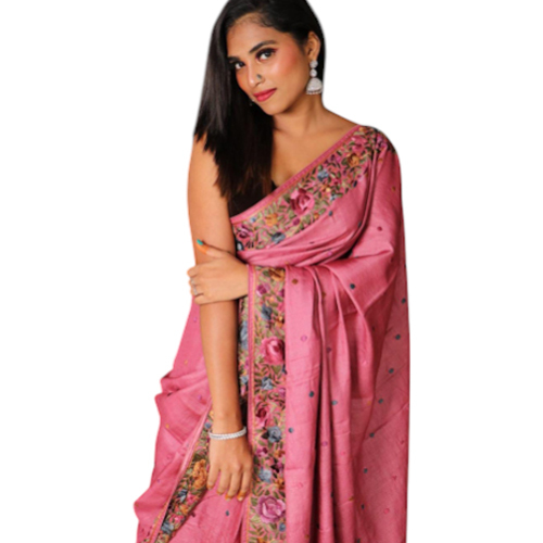 Tussar Munga Parsi Handwork Saree - Color: Pink
