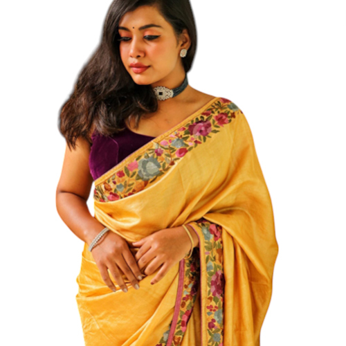 Yellow Color Parsi Hand Work Saree - Feature: Washable