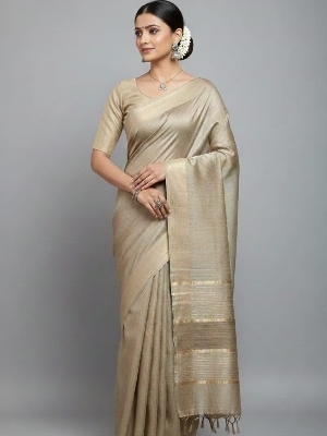 Pure Tussar Staple Silk Saree - 6.5 Mtr , Washable Silk, Lightweight, Breathable, Stylish Striped Pattern for Party Wear and Summer Occasions