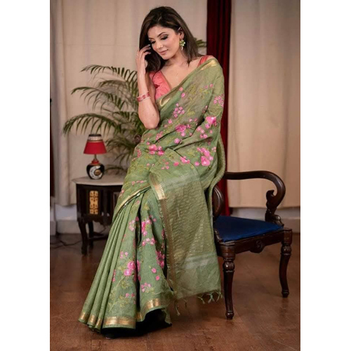 linen silk embroidery saree