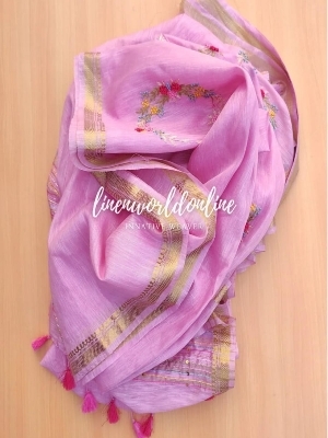 Linen Silk Handwork Saree - Color: Pink