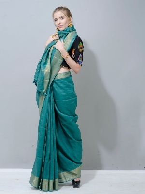 Pure Linen Saree - Color: Sky Firoza
