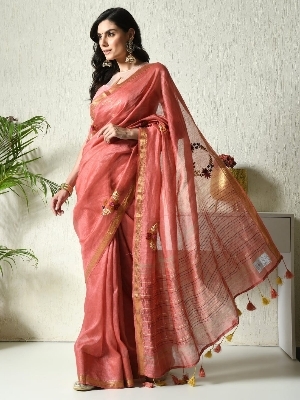 Pure Linen Silk Thread Work Saree - Color: Creem