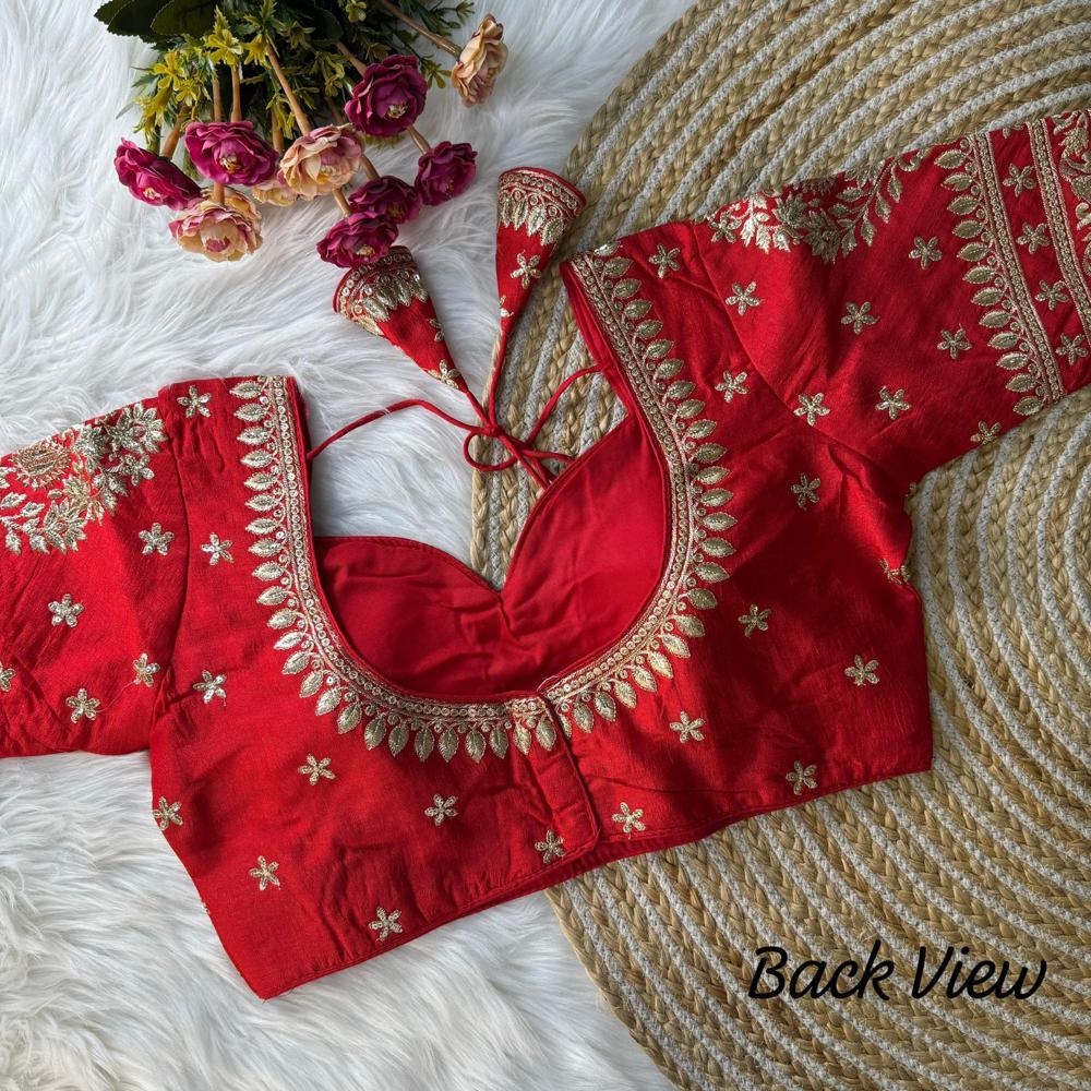 Designer Silk Blouse - Heavy Pure Vichitra Silk, Size 36/38/40, Short Sleeves, Red Color | V-neck, Embroidered Decoration With Sequins, Traditional Ethnic Style