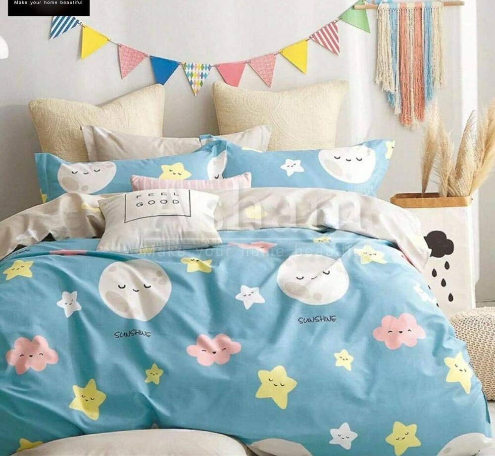 Kids Double Bed Bedsheet Set - Glace Cotton Fabric, Queen Size, Colorful Trendy Printed Design | Skin Friendly, Durable, Easy To Wash