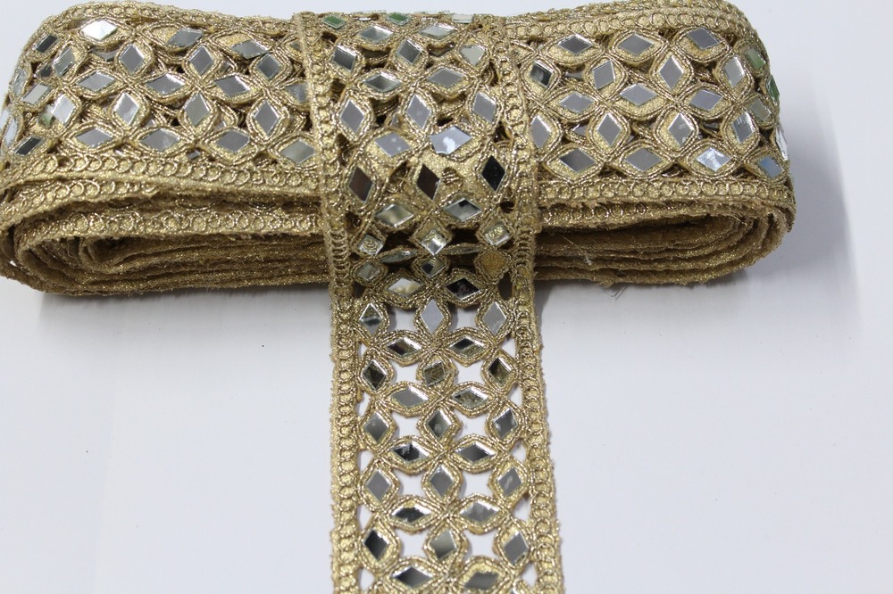 Fancy Golden Colour Mirror Lace - Design: Handwork