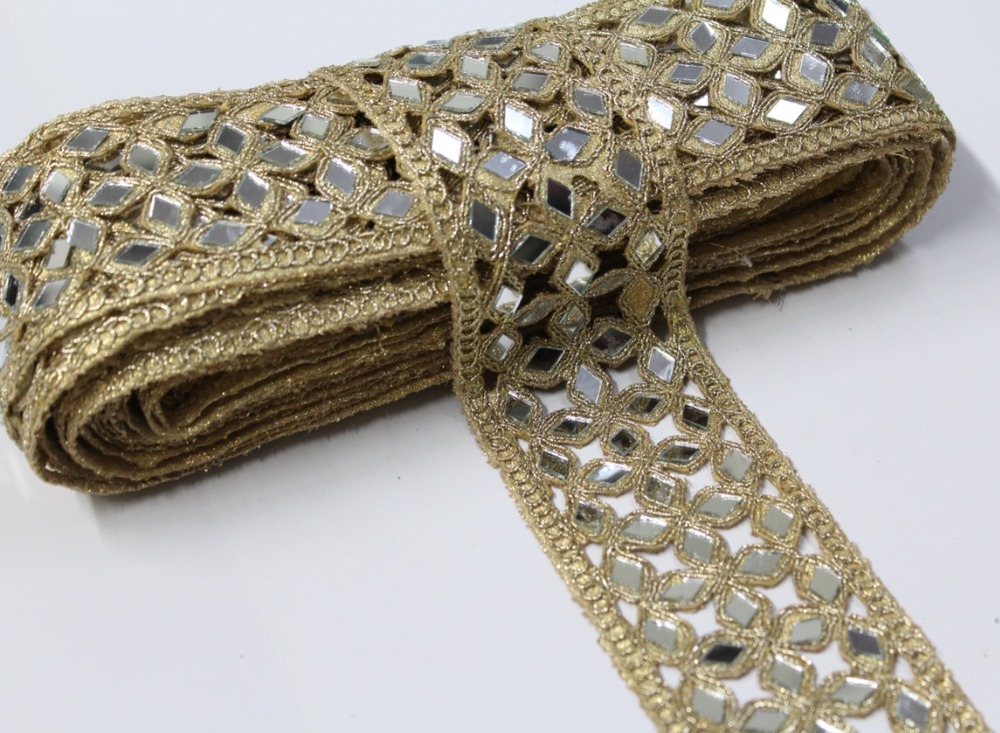 Fancy Golden Colour Mirror Lace - Design: Handwork