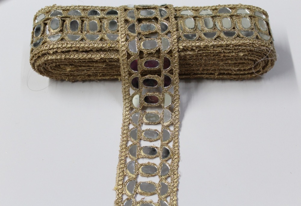 Designer Golden Colour Mirror Lace - Design: Handwork