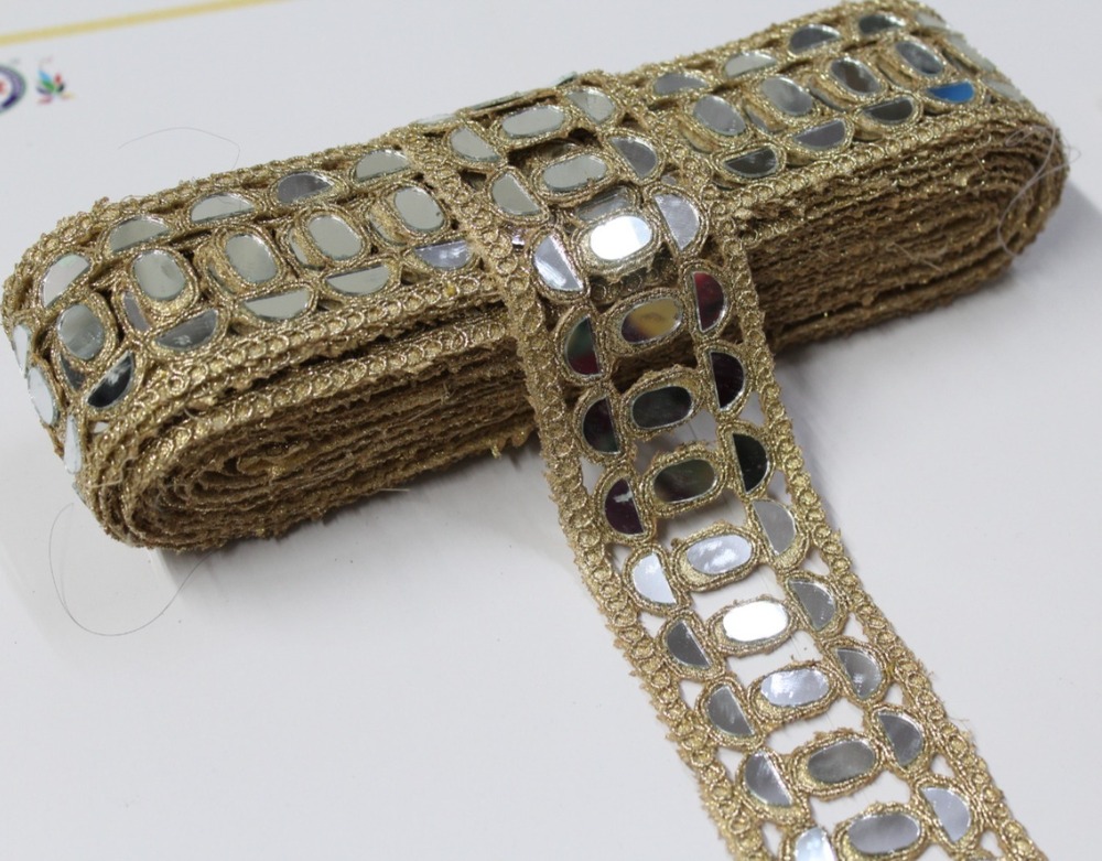 Designer Golden Colour Mirror Lace - Design: Handwork