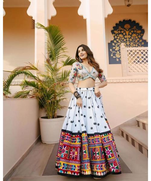 Rayon gamthi work White Concept Navratri Special Chaniya Choli