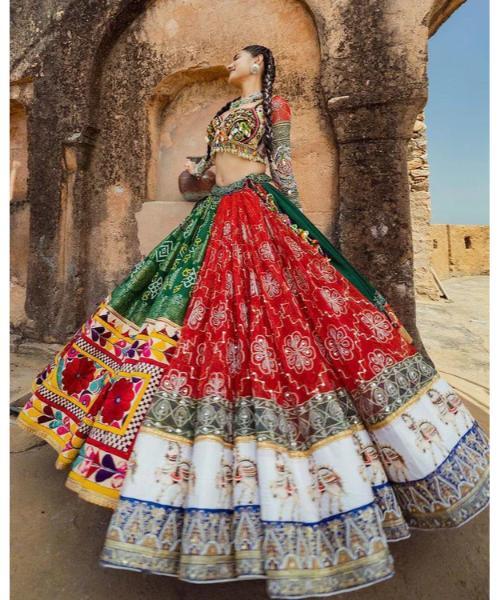 Butter Silk Heavy Gujrati Kutchi Work Navratri Special Chaniya Choli - Heavy Butter Silk, 4 Mtr Flair, 44 Inch Length | Real Mirror Work, Fancy Hand Work Lace, Fully Stitched